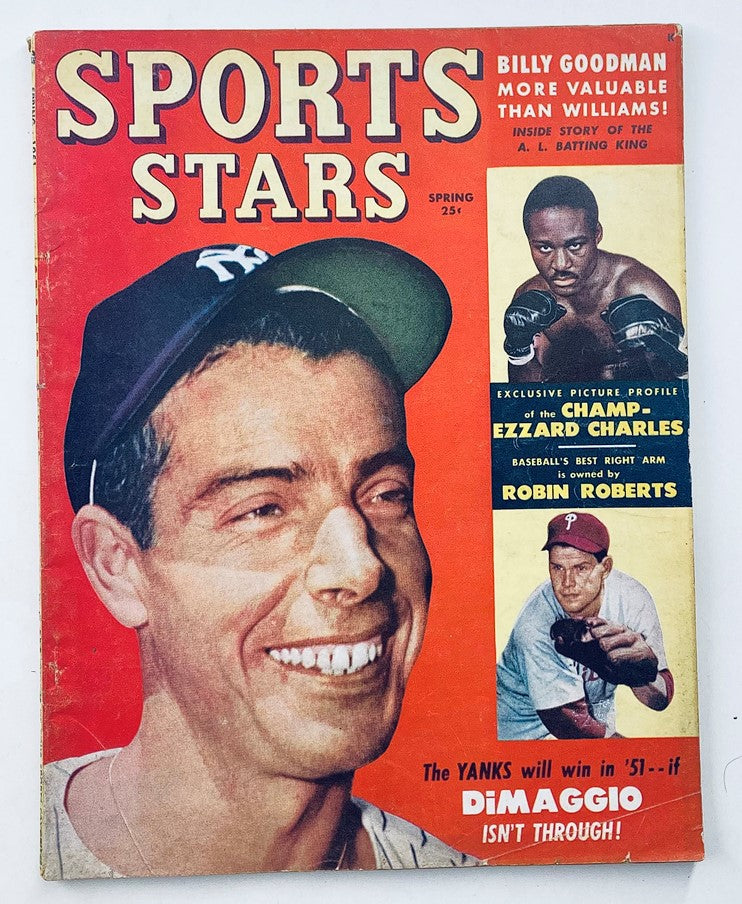 Cover of VTG Sports Stars Magazine Spring 1951 Vol 4 #1 featuring legendary baseball player Joe DiMaggio with a smiling expression, surrounded by other sports highlights and headlines.