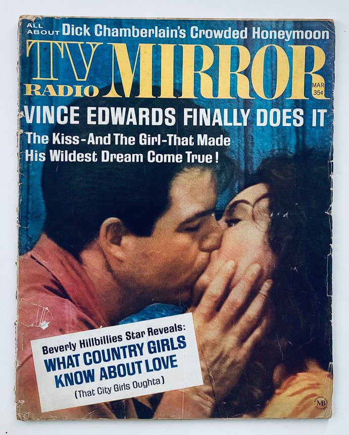 Vintage TV Radio Mirror Magazine cover from March 1963, Volume 59 #4, featuring Vince Edwards in a romantic scene with a woman, highlighting nostalgic television history.