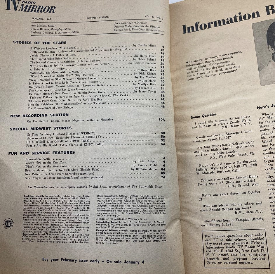 Inside page of VTG TV Radio Mirror Magazine January 1962 displaying contents and articles related to television and entertainment of the era, offering a glimpse into the vintage media landscape.