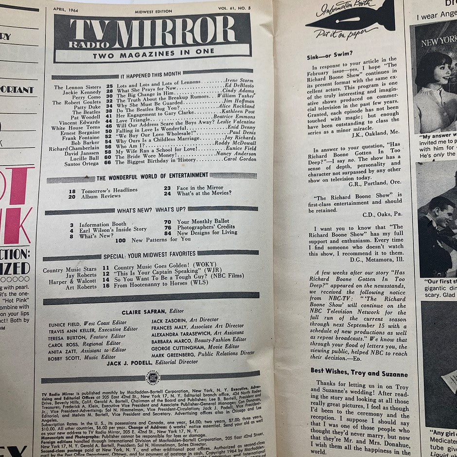Inside page of VTG TV Radio Mirror Magazine April 1964, Vol 61 #5 showcasing entertainment headlines and articles, featuring Patty Duke.