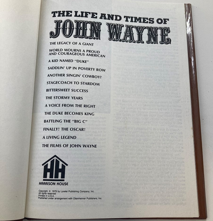 Interior page of 'The Life and Times of John Wayne,' showcasing the table of contents, listing chapters detailing John Wayne's legacy and career.