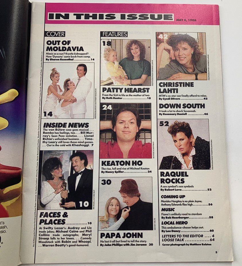 Table of contents from US Magazine, May 5, 1986, showcasing features on iconic figures such as Christine Lahti and Raquel Welch, along with insights into the era's entertainment.