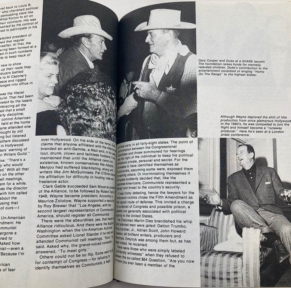Another interior page from 'The Life and Times of John Wayne,' displaying black and white photographs and text discussing John Wayne's influence in Hollywood and his political views.