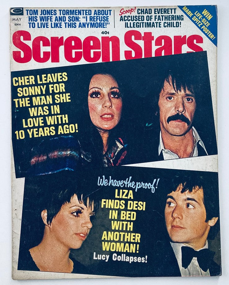 VTG Screen Stars Magazine May 1973 featuring Cher and Sonny on the cover, showcasing headlines about celebrity news and gossip.