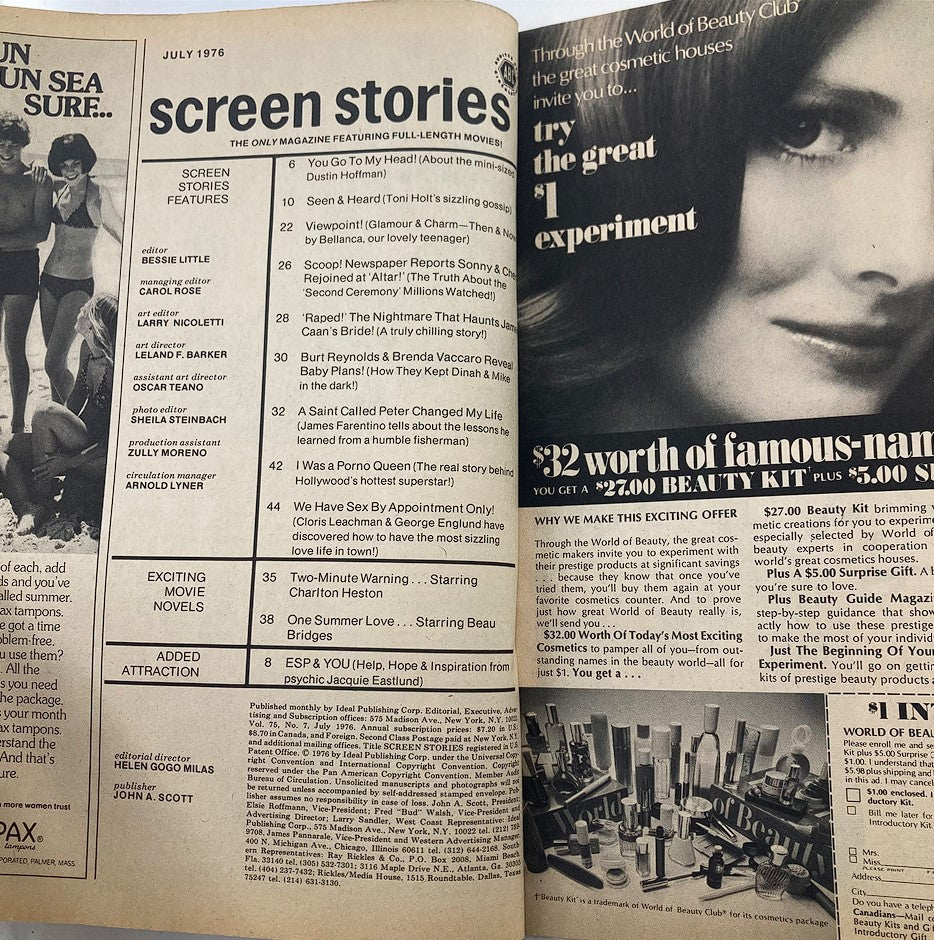 Interior page from VTG Screen Stories Magazine July 1976 Vol 75 #7 showing a table of contents and advertisements, featuring features related to movies and pop culture during the 1970s.