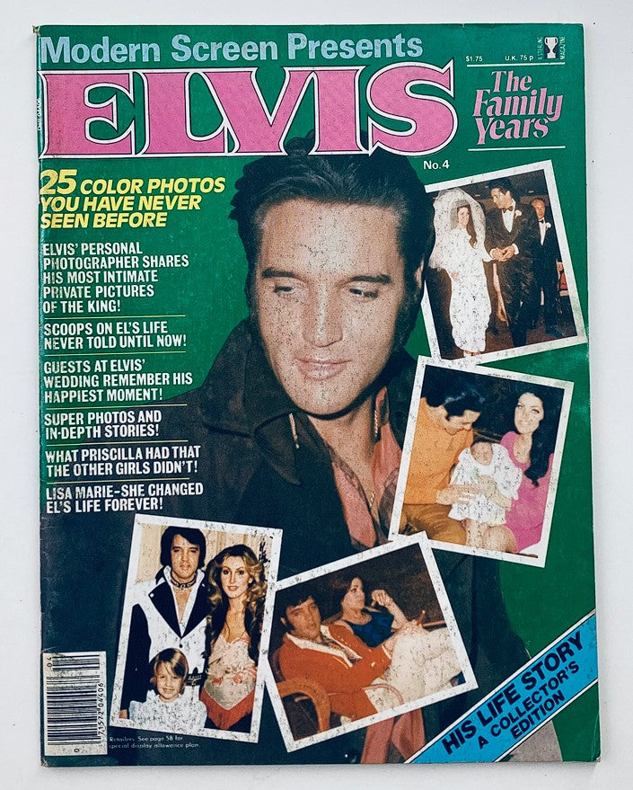 VTG Modern Screen Magazine 1979 No. 4 featuring Elvis Presley on the cover, highlighting the theme 'The Family Years' with colorful photos and articles.