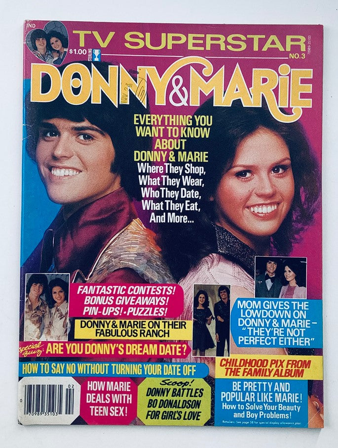 VTG TV Super Star Magazine 1977 No. 3 featuring Donny & Marie on the cover, showcasing vibrant colors and nostalgic design, highlighting articles and contests related to the iconic sibling duo.