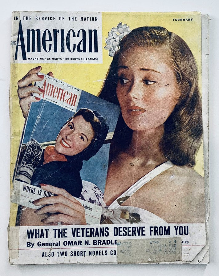 Cover of VTG The American Magazine February 1946 featuring a woman with stylish hair and vintage attire, alongside a smiling model holding the magazine. The cover highlights topics of interest from the time, emphasizing its historical significance.
