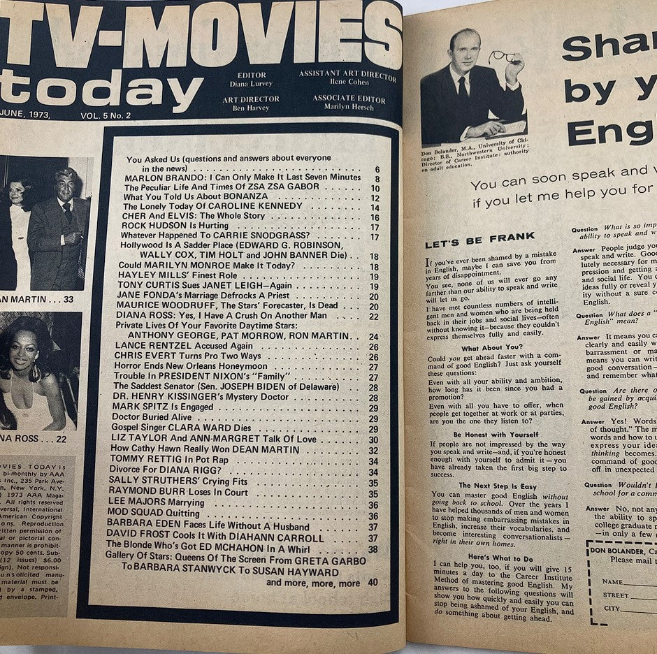 Inside pages of the VTG TV-Movies Today Magazine June 1973 Volume 5 Issue 2, displaying articles and content related to 1970s television and movies.