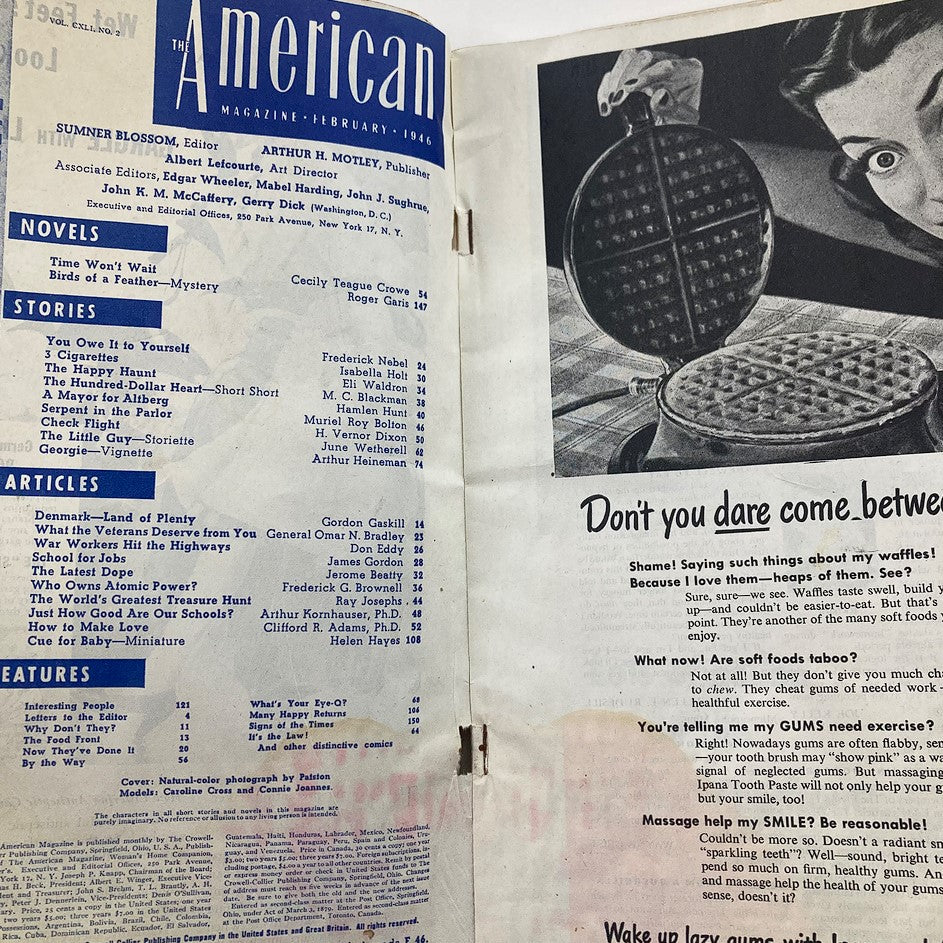 Interior page of VTG The American Magazine February 1946 showcasing the table of contents with titles of stories and articles, along with an illustration of a waffle maker, reflecting post-war American culture and lifestyle.
