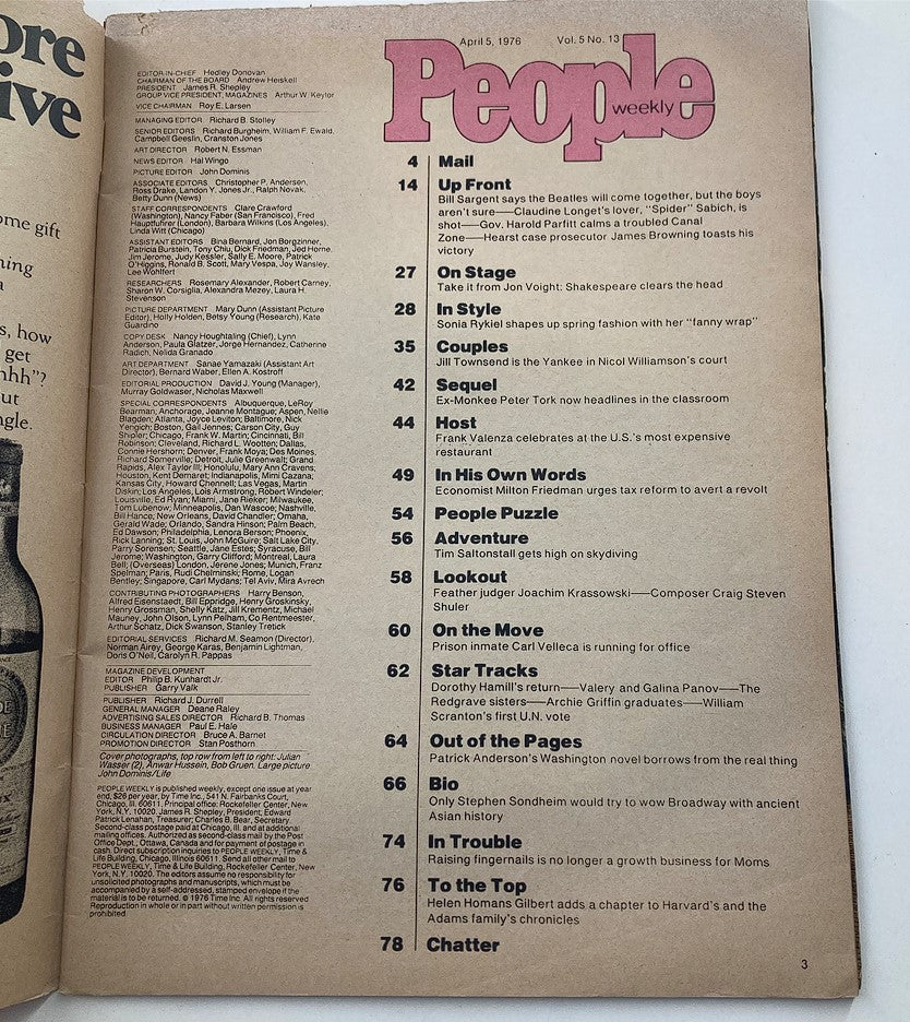 VTG People Weekly Magazine April 5, 1978 table of contents page, highlighting articles, features, and insights from the era of The Beatles.