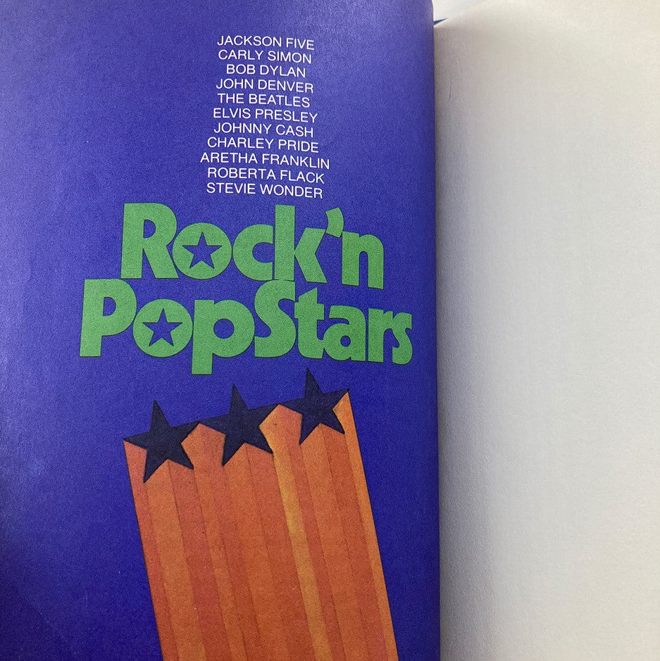 VTG 1975 The Beatles Rock 'n Pop Stars Biography Library Book featuring a list of famous rock artists including The Beatles.