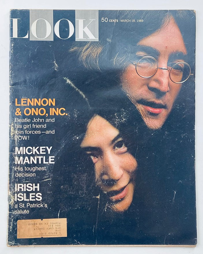 VTG Look Magazine March 18 1969 Vol 33 #6 featuring John Lennon and Yoko Ono on the cover, showcasing their famous partnership.