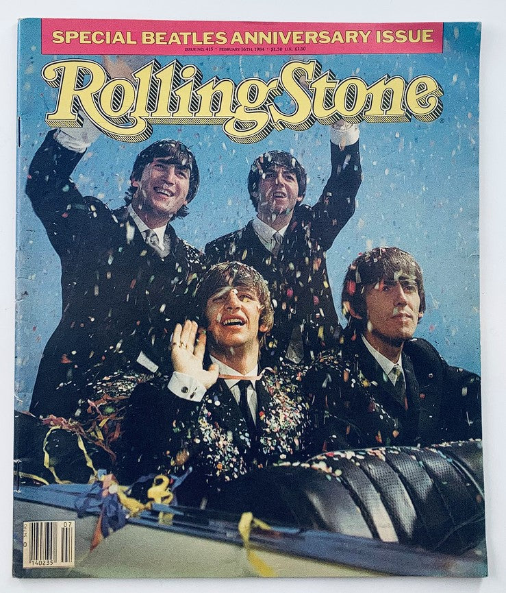 Rolling Stone Magazine February 16, 1984, cover celebrating The Beatles' 20th Anniversary with vibrant imagery featuring the band members in celebration.