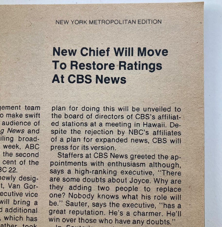 Interior page from TV Guide Magazine November 21, 1981, NY Metro Edition, discussing ratings and management changes at CBS News.