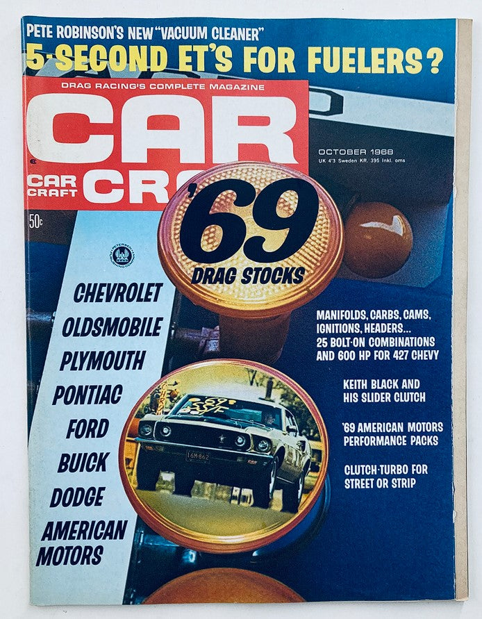 Cover image of VTG Car Craft Magazine from October 1968 featuring the SS/F Mustang, highlighted by '69 Drag Stocks' and showcasing iconic muscle cars.