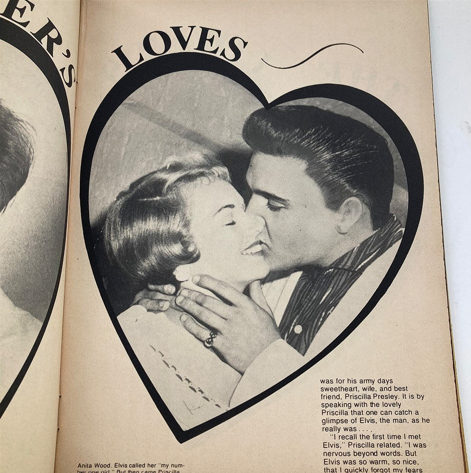 Heart-shaped page from VTG Ideal's Celebrity Series August 1979 Elvis Presley Remembered magazine depicting Elvis Presley sharing a kiss with Priscilla Presley, highlighting personal anecdotes.