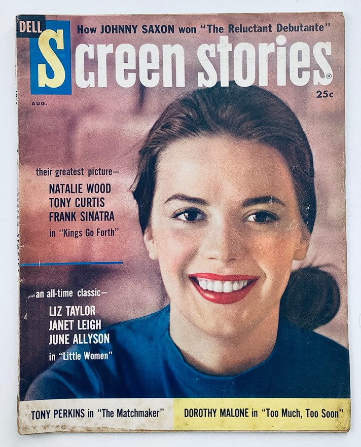 Cover of VTG Screen Stories Magazine August 1958 featuring Natalie Wood and Tony Curtis, highlighting classic Hollywood cinema.