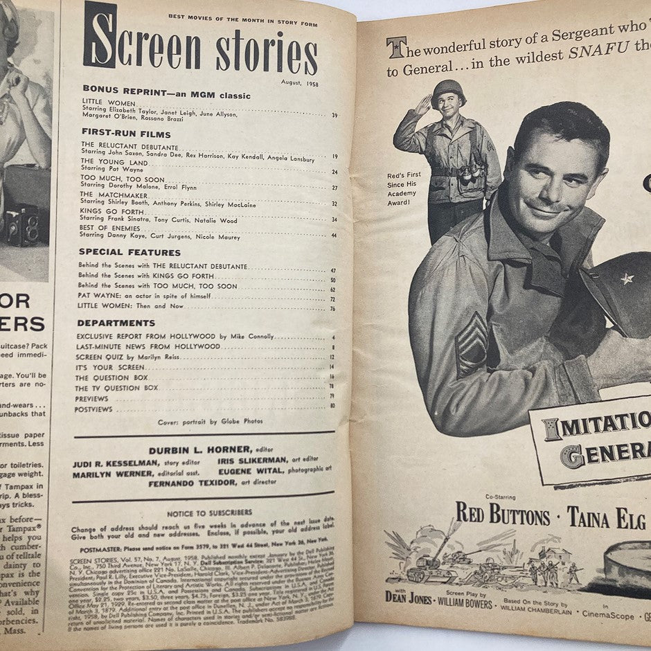 Interior page of VTG Screen Stories Magazine August 1958, detailing film features including articles on Little Women and The Reluctant Debutante.
