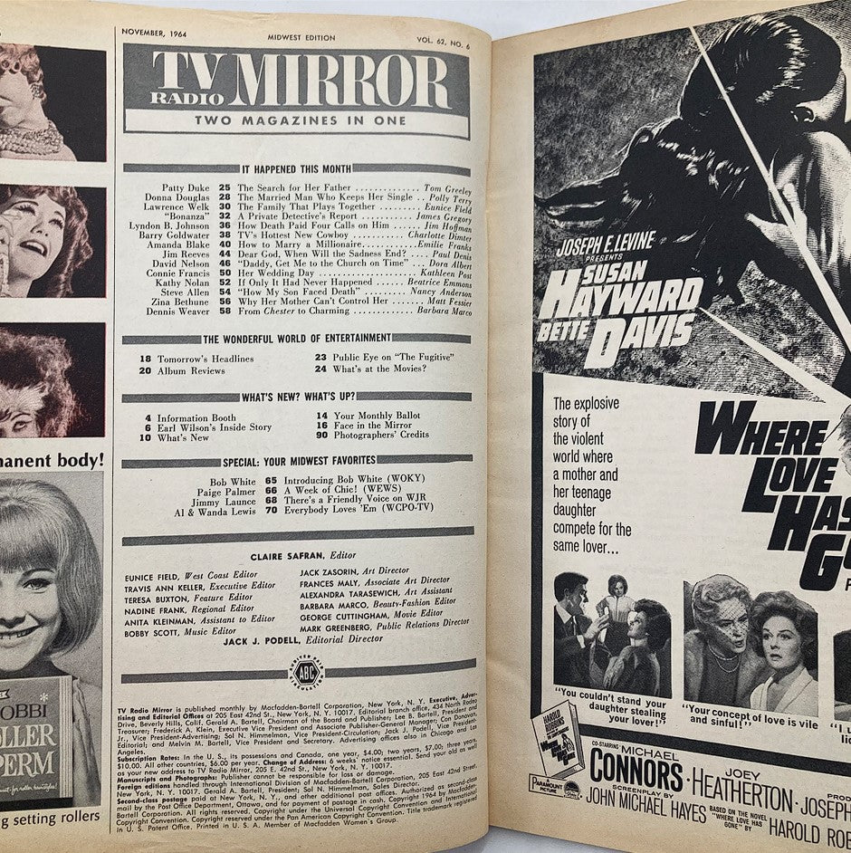 Inside page of VTG TV Radio Mirror Magazine November 1964 Vol 62 #6 displaying articles and advertisements from the era, highlighting classic television culture.