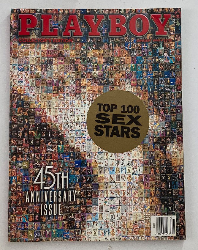 Cover of Playboy Magazine January 1999 featuring Miss January Jaime Bergman, with a mosaic of past covers and the label 'Top 100 Sex Stars', celebrating the 45th Anniversary Issue.