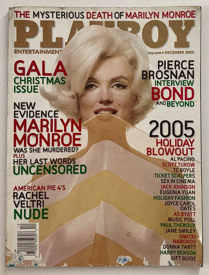 Playboy Magazine December 2005 cover featuring Marilyn Monroe, highlighting the themes of the issue including the mysterious death of Marilyn Monroe, and interviews with celebrities like Pierce Brosnan.