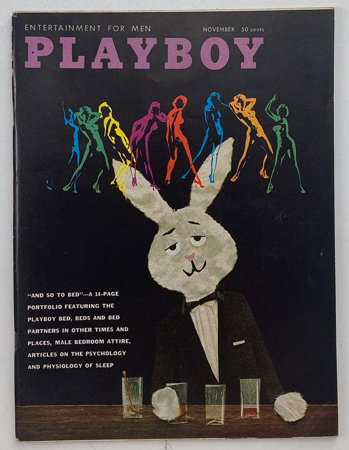 VTG Playboy Magazine November 1959 cover featuring colorful silhouettes and a playful bunny mascot in a tuxedo, representing mid-century pop culture.