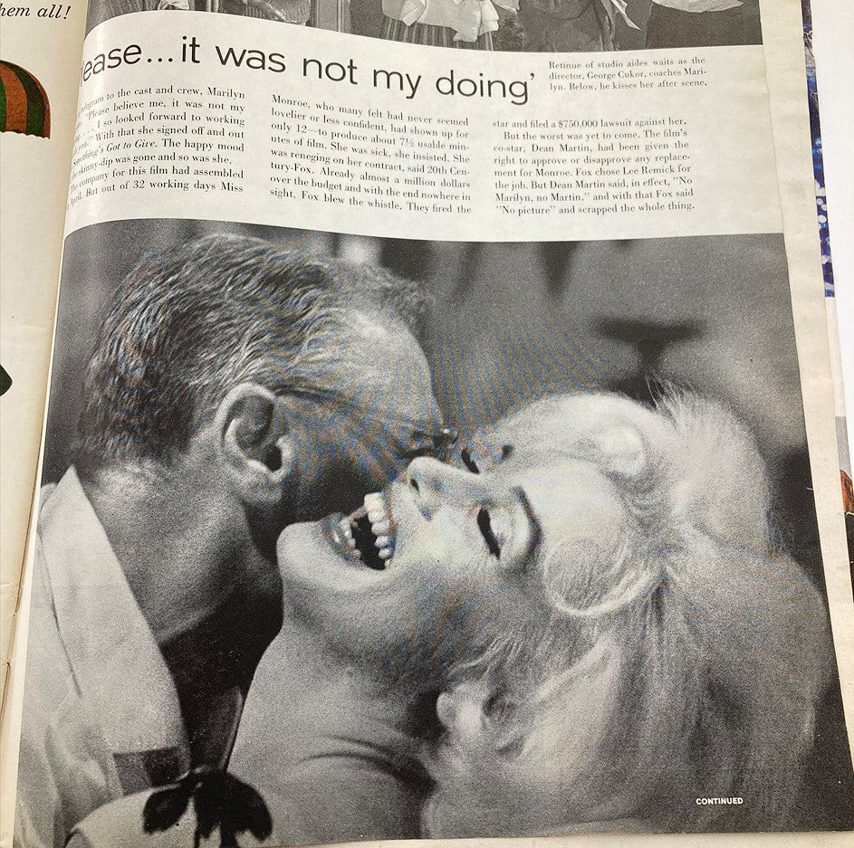 Inside view of the VTG Life Magazine June 22, 1962 featuring Marilyn Monroe and Dean Martin, showcasing a candid moment with Monroe laughing joyfully.