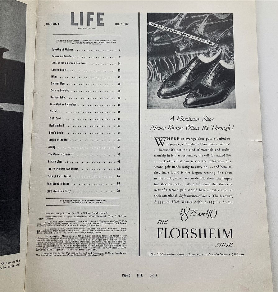 Life Magazine December 7, 1936, Volume 1, No 3 - Vintage Skiing Photograph, No Label