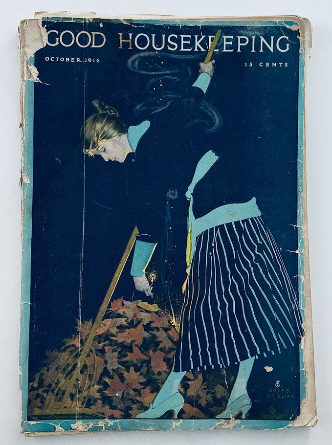 Cover of the VTG Good Housekeeping Magazine October 1916 featuring a woman raking leaves against a blue background. This collectible vintage magazine showcases the cultural elements of the early 20th century.