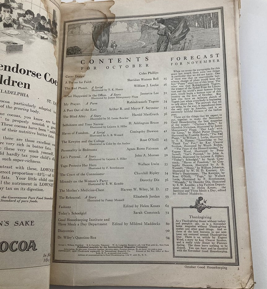 Contents page from the VTG Good Housekeeping Magazine October 1916 listing articles and features for the month, offering insights into the themes of the time and the magazine's focus on homemaking.