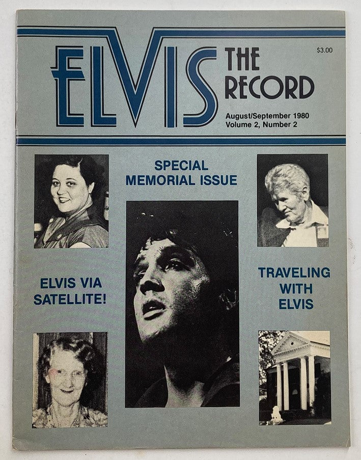 Cover of VTG The Record Magazine August 1980 Vol 2 #2 featuring Elvis Presley, showcasing headlines like 'Special Memorial Issue' and 'Elvis via Satellite!' along with images of fans and notable figures.