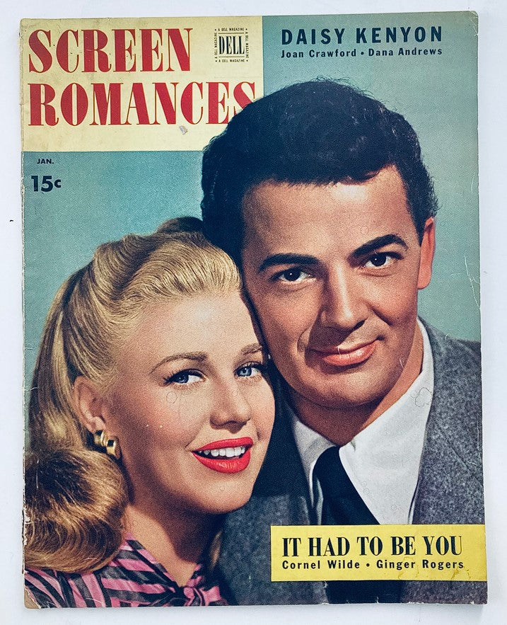 Cover of VTG Screen Romances Magazine January 1948 featuring Ginger Rogers and Cornel Wilde with a vibrant design and nostalgic allure.