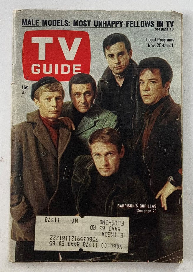 TV Guide Magazine November 25 1967 cover featuring Chris Carey, Ron Harper, and four male models with the headline about 'Most Unhappy Fellows in TV', showcasing vintage television history.