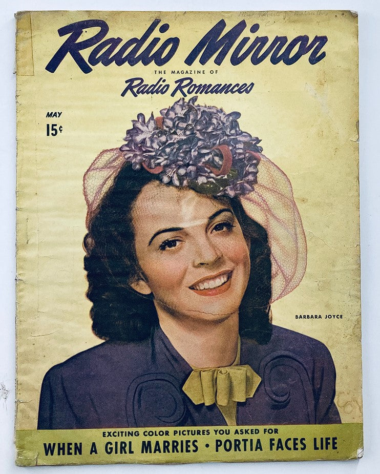 VTG Radio Mirror Magazine May 1944 cover featuring Barbara Joyce in a color portrait, showcasing classic 1940s fashion and design.