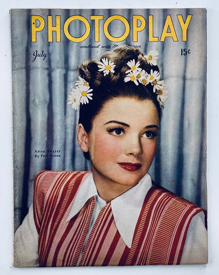 VTG Photoplay Magazine July 1945 featuring actress Anne Baxter on the cover, showcasing her iconic style with flowers in her hair and a striped outfit.