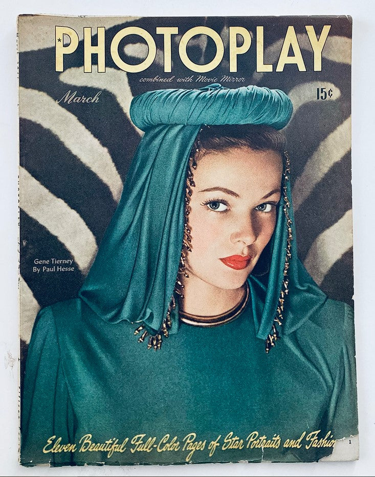 VTG Photoplay Magazine March 1946 with Gene Tierney on the cover, featuring a vintage design and classic Hollywood glamour.