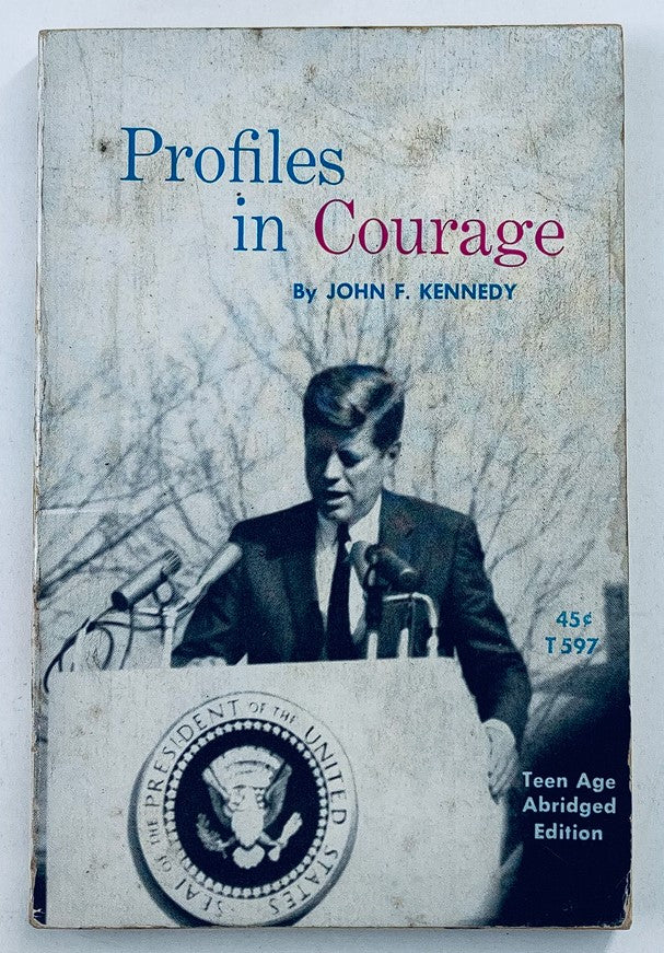 Vintage 1964 Profiles in Courage Book by John F. Kennedy featuring a cover image of JFK at a podium, highlighting themes of courage and leadership.