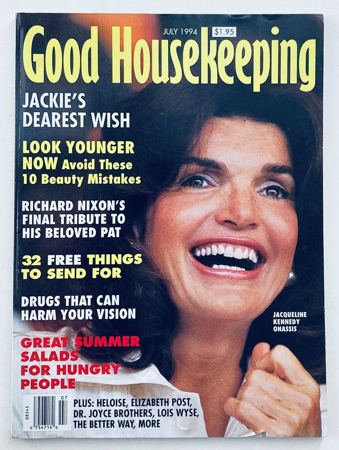 Cover of the Good Housekeeping Magazine July 1994 featuring Jacqueline Kennedy Onassis, with highlights on beauty tips, summer salads, and Richard Nixon's tribute.