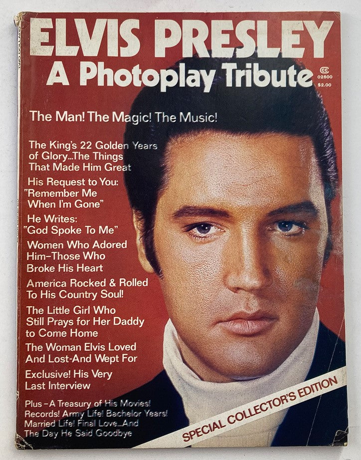 1977 Photoplay Magazine featuring Elvis Presley on the cover, celebrating his 22 golden years in music and film, with text highlighting articles inside.