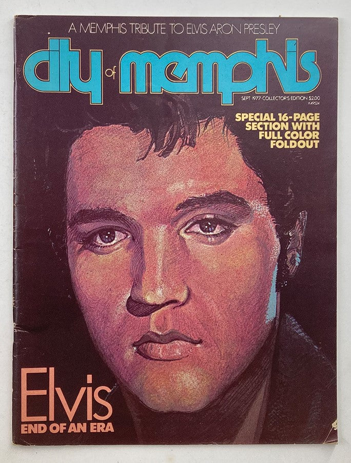 VTG City of Memphis Magazine September 1977 featuring a colorful illustration of Elvis Presley on the cover, celebrating the King of Rock and Roll with a tribute titled 'Elvis: End of an Era'.