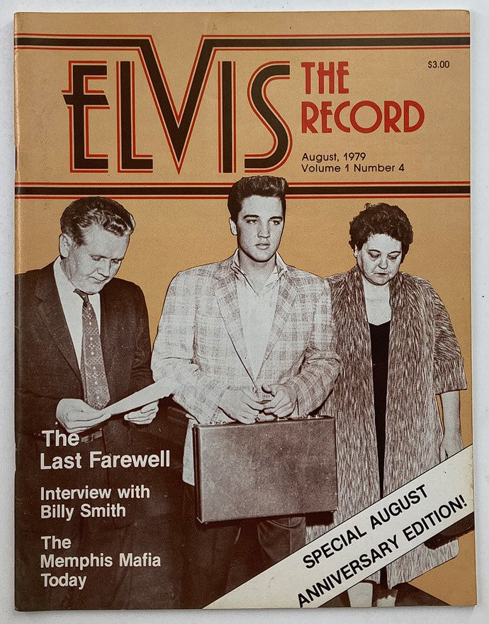 Vintage magazine cover of 'VTG The Record Magazine August 1979 Vol 1 #4 Elvis Presley No Label', featuring Elvis Presley and two individuals, highlighting the last farewell, an interview with Billy Smith, and the Memphis Mafia.