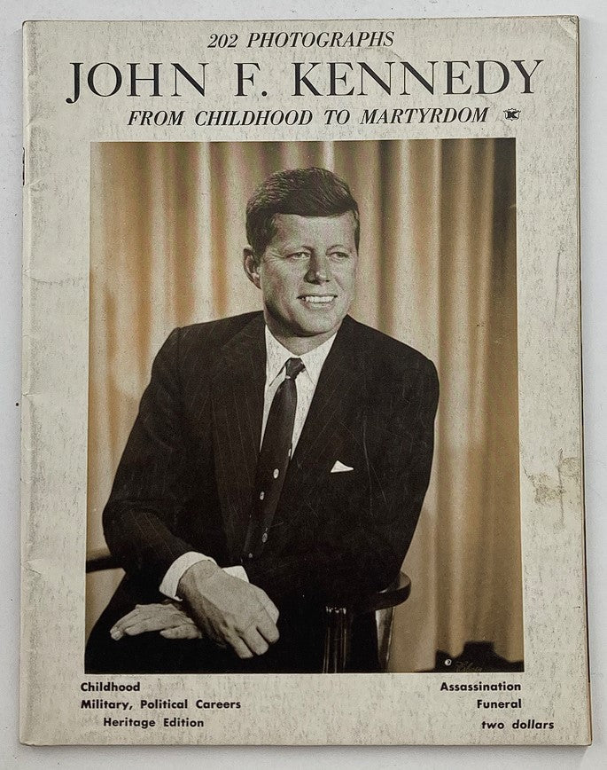 Vintage 1963 John F. Kennedy collectible titled 'From Childhood to Martyrdom', featuring a portrait of JFK with a description of his early life and contributions.