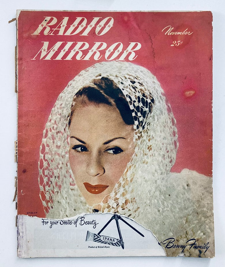 Cover of VTG Radio Mirror Magazine November 1947 Vol 28 #6 featuring a beautiful woman with a lace veil, capturing vintage beauty and retro aesthetics.