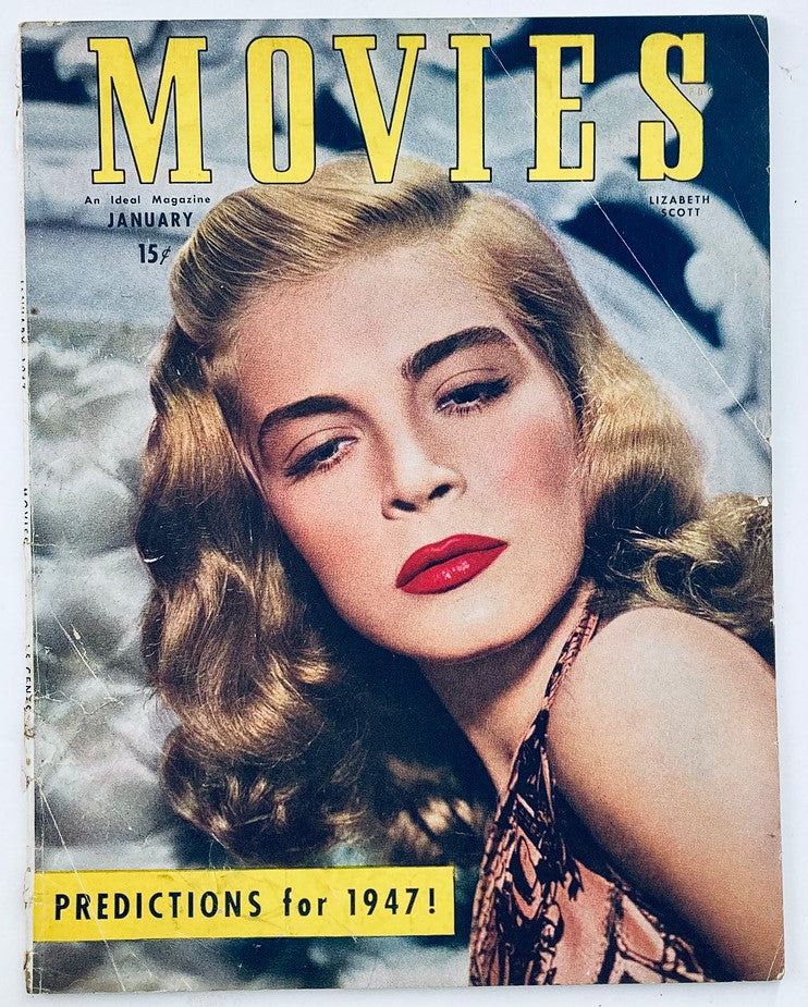 Cover of VTG Movies Magazine January 1947 featuring actress Lizabeth Scott with glamorous makeup and hairstyle, showcasing classic Hollywood aesthetics.