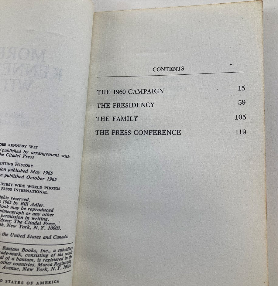 Contents page of VTG 1965 More John F. Kennedy Wit The 1960 Campaign, listing chapters including The 1960 Campaign, The Presidency, The Family, and The Press Conference.