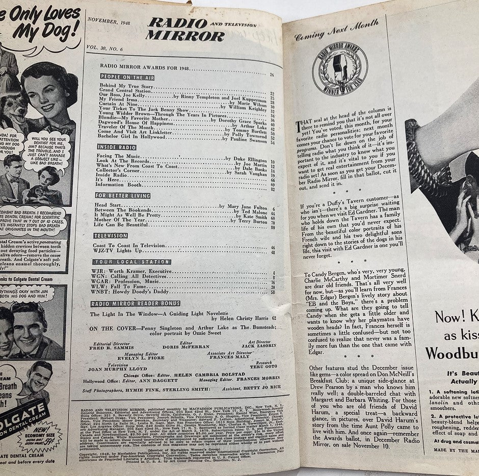 Inside page of the VTG Radio & TV Mirror Magazine November 1948, displaying the table of contents and vintage articles related to radio and television.