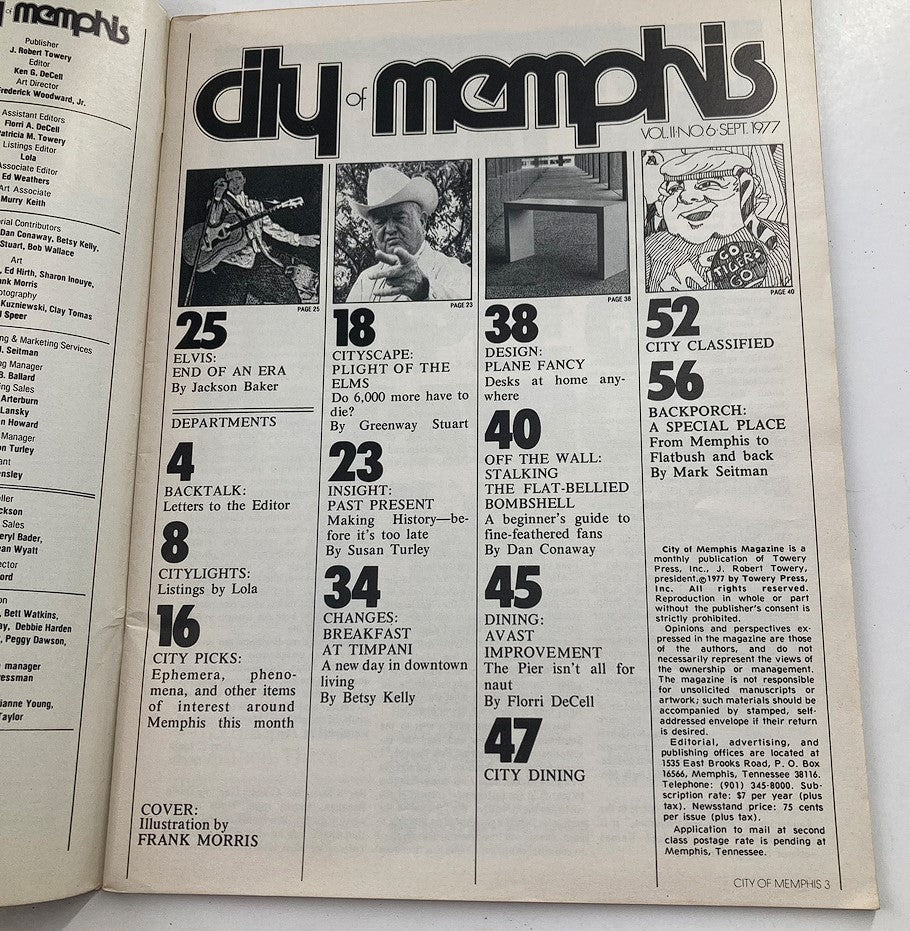 Inside page of the VTG City of Memphis Magazine September 1977 showing the table of contents, detailing various articles and features, including a piece on Elvis Presley.