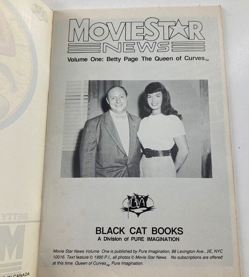 Inside page of 1990 Movie Star News Vol. 1 with a photo of Betty Page alongside a man, highlighting the publication details and its connection to Pure Imagination.