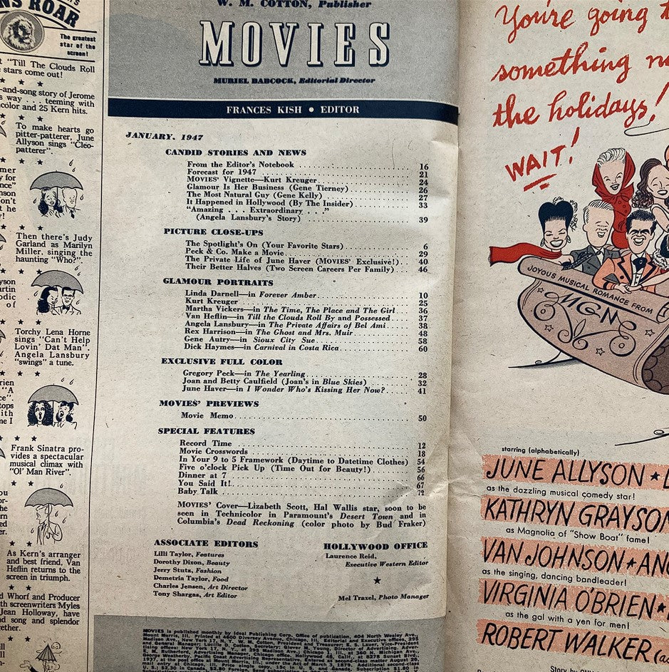 Inside page of VTG Movies Magazine January 1947 displaying articles and features with a list of contents, highlighting the cinematic themes of the era.
